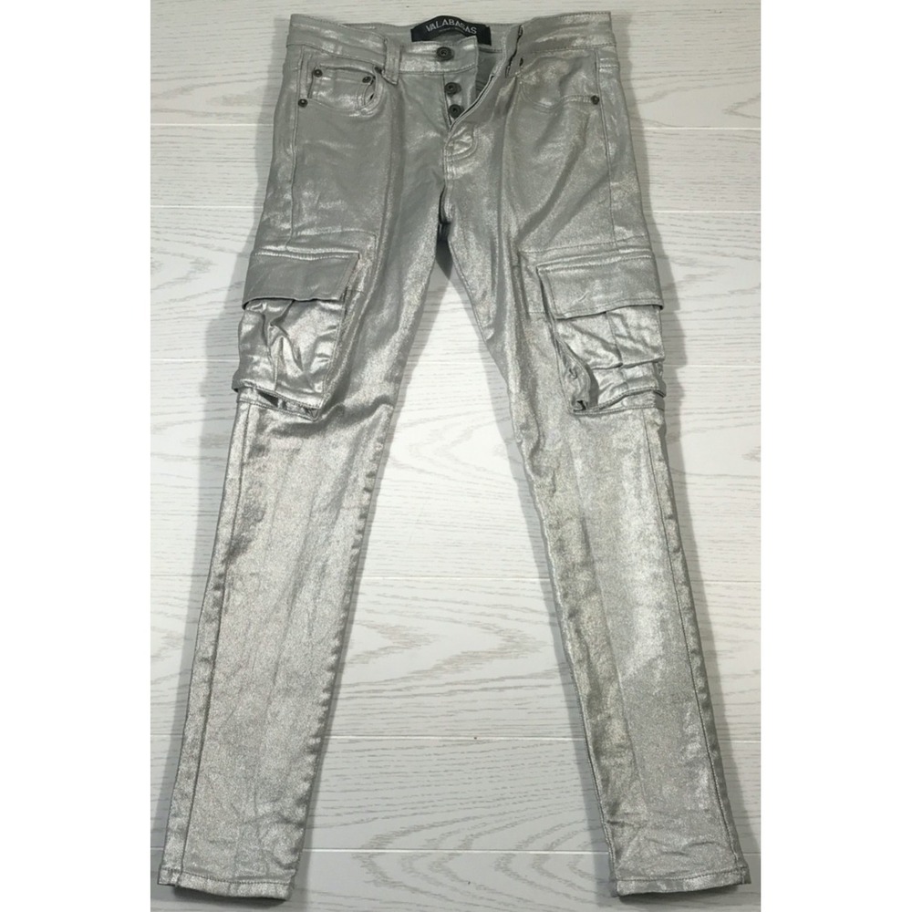 Valabasas Metallic Silver Cargo Jeans Men 30x29 Slim Button Fly Hip Hop Stretch